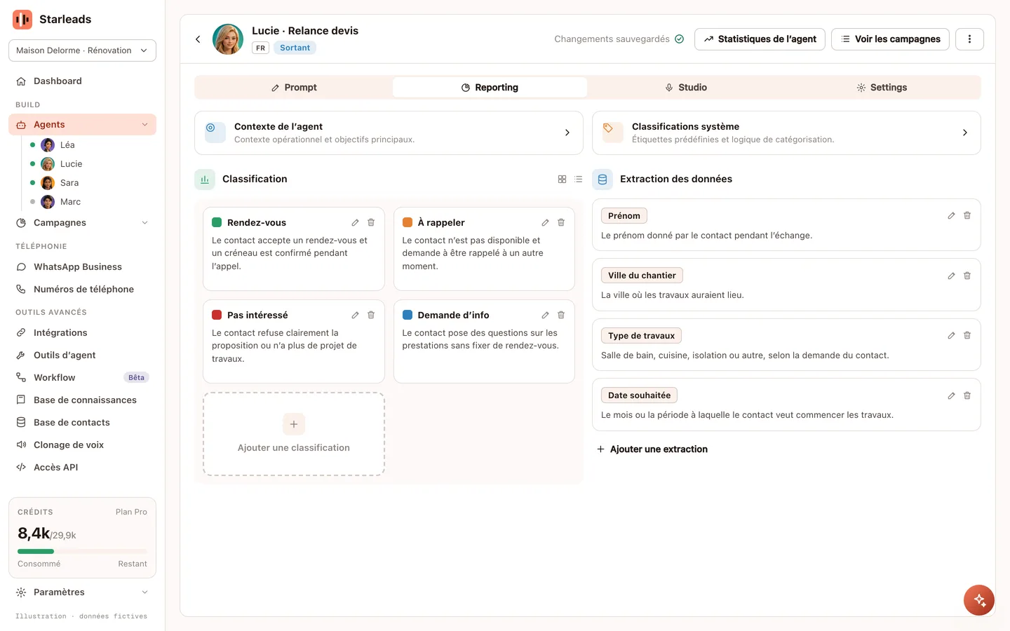 Onglet Reporting : tags et valeurs extraites d’un agent Starleads